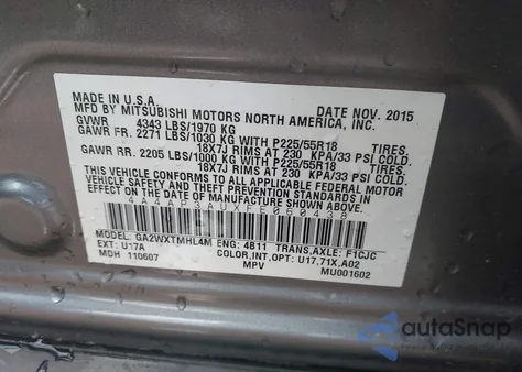 2015 Mitsubishi Outlander Sport Es из США, поврежденный, VIN 4A4AP3AUXFE060438